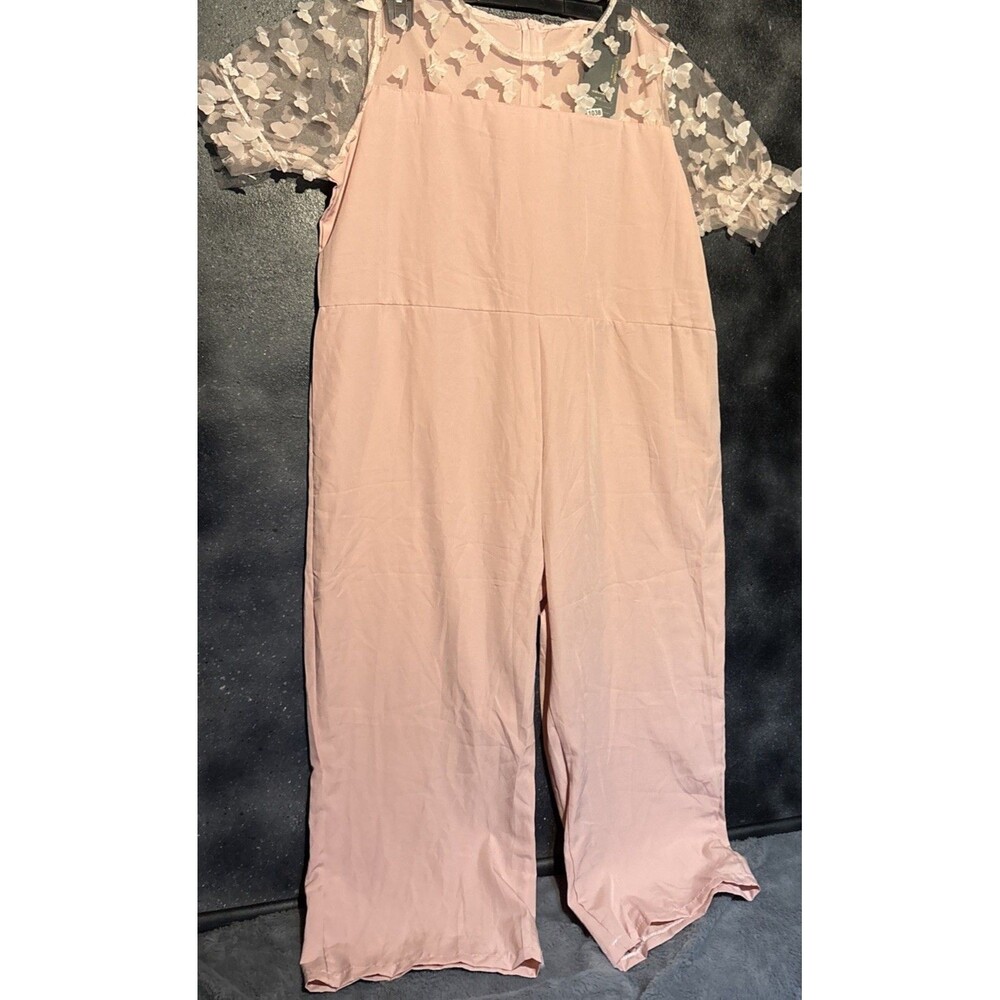 Blush Pink Women's Jumpsuit with Sheer Floral Overlay